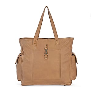 La Marey Tan Genuine Leather Front Pocket Tote Bag