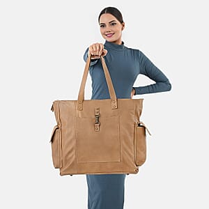 La Marey Tan Genuine Leather Front Pocket Tote Bag