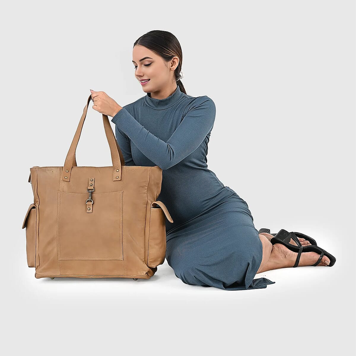 La Marey Tan Genuine Leather Front Pocket Tote Bag image number 2