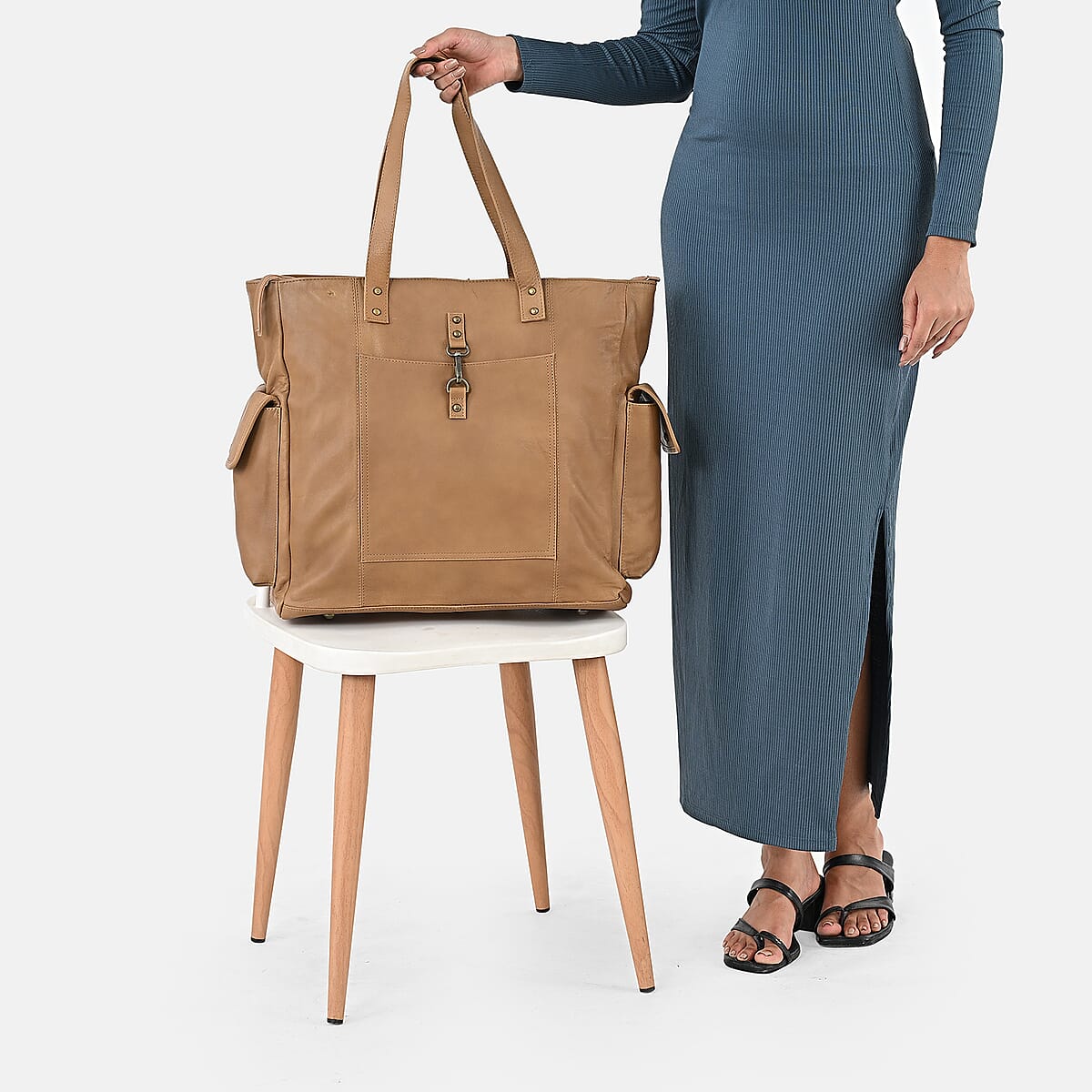 La Marey Tan Genuine Leather Front Pocket Tote Bag image number 3