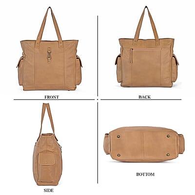 La Marey Tan Genuine Leather Front Pocket Tote Bag