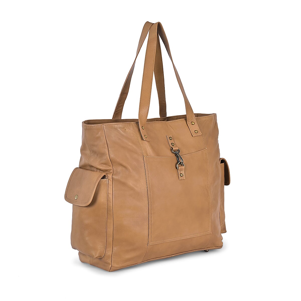 La Marey Tan Genuine Leather Front Pocket Tote Bag image number 5