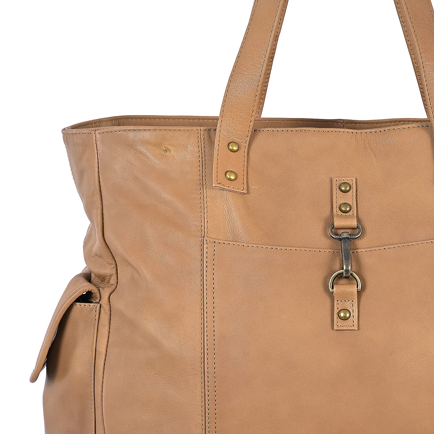 La Marey Tan Genuine Leather Front Pocket Tote Bag