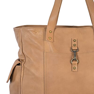 La Marey Tan Genuine Leather Front Pocket Tote Bag