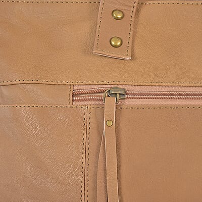 La Marey Tan Genuine Leather Front Pocket Tote Bag