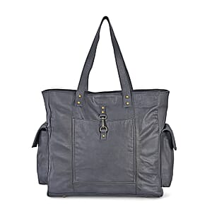 La Marey Black Genuine Leather Front Pocket Tote Bag
