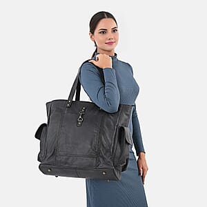La Marey Black Genuine Leather Front Pocket Tote Bag