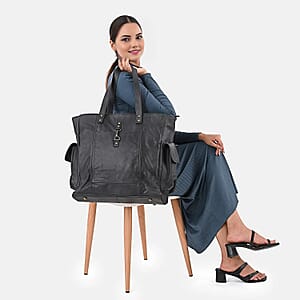 La Marey Black Genuine Leather Front Pocket Tote Bag
