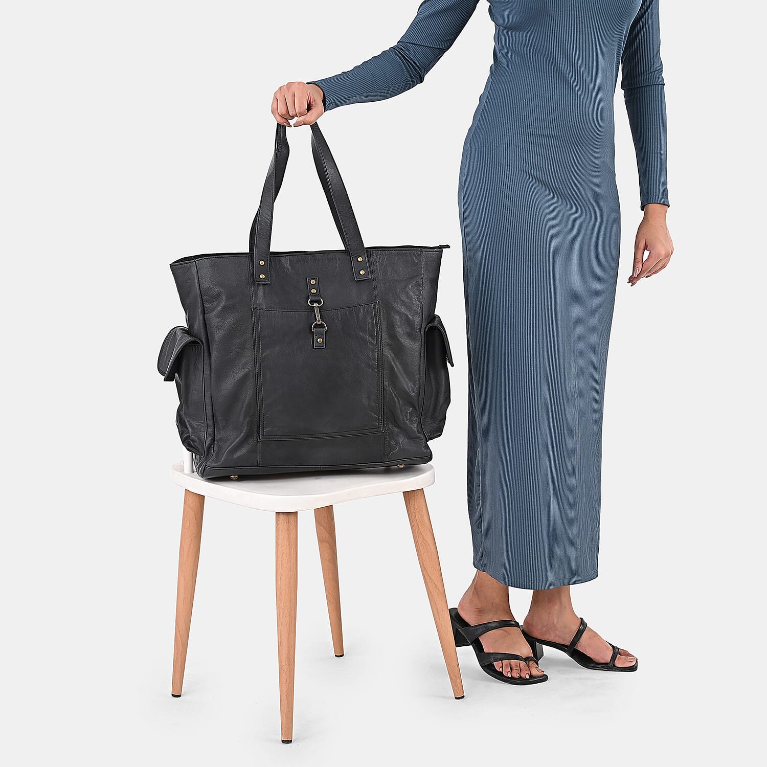 La Marey Black Genuine Leather Front Pocket Tote Bag