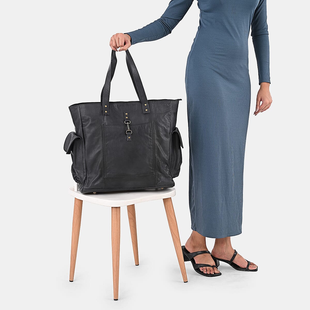 La Marey Black Genuine Leather Front Pocket Tote Bag image number 3