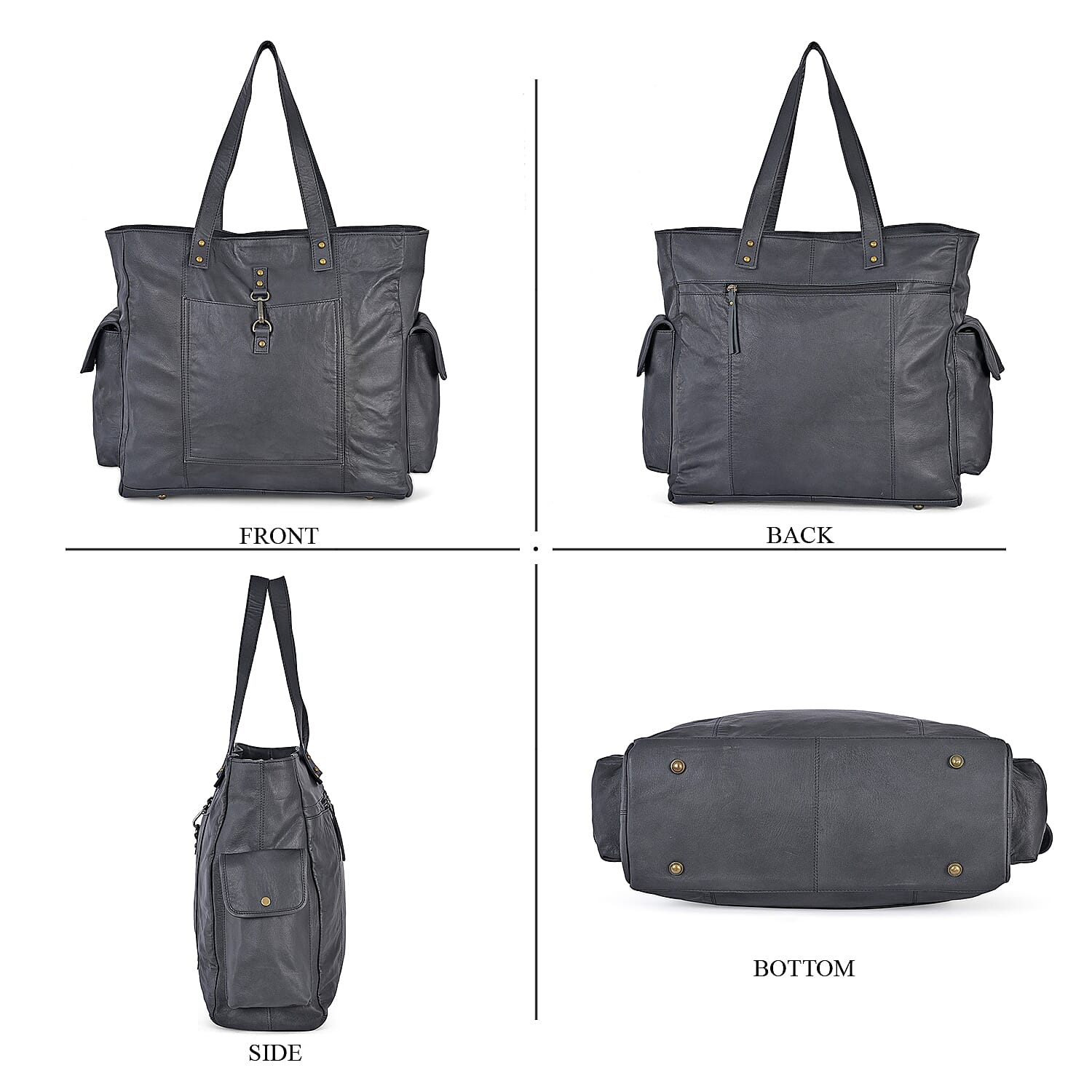 La Marey Black Genuine Leather Front Pocket Tote Bag