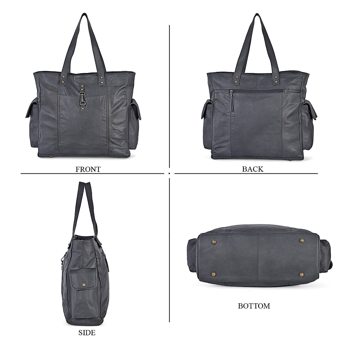 La Marey Black Genuine Leather Front Pocket Tote Bag image number 4