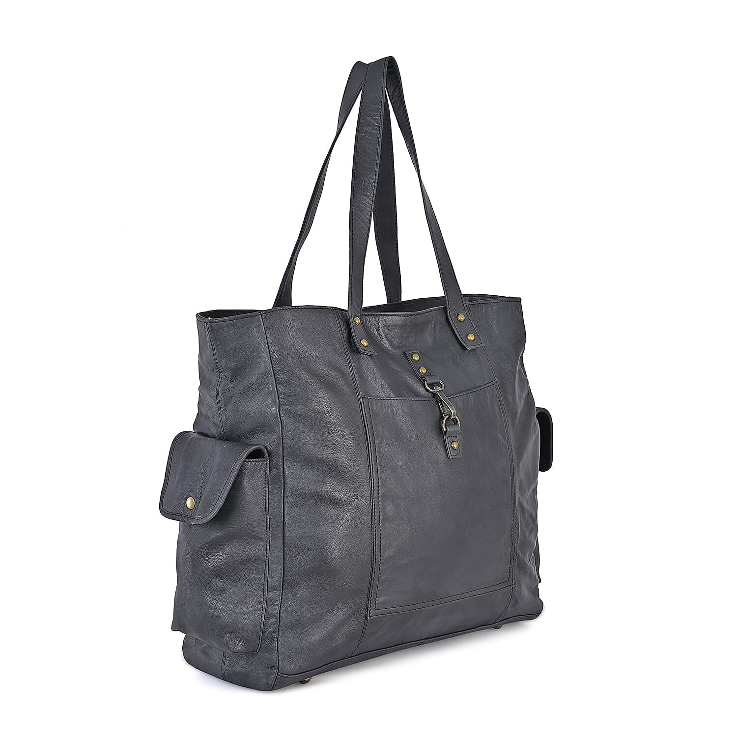 La Marey Black Genuine Leather Front Pocket Tote Bag