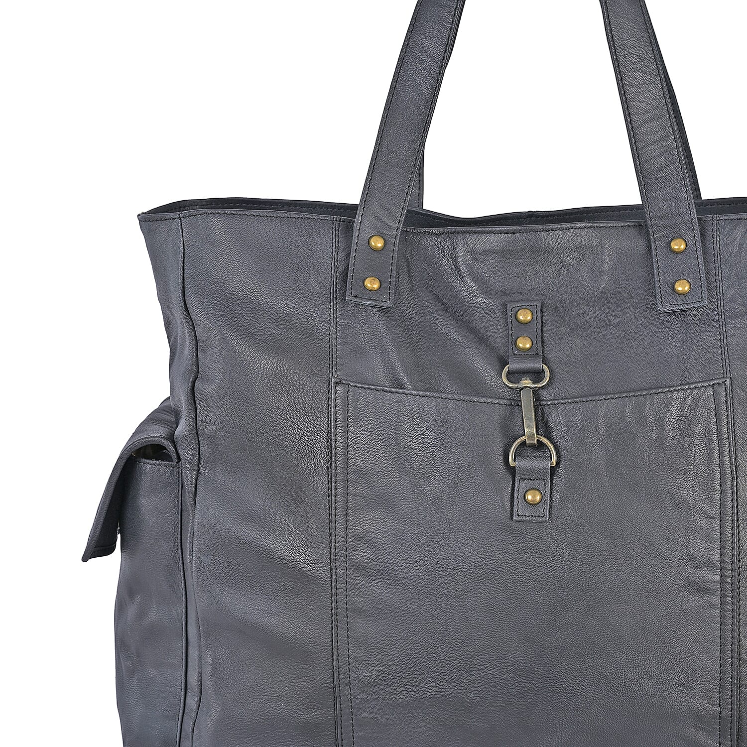 La Marey Black Genuine Leather Front Pocket Tote Bag