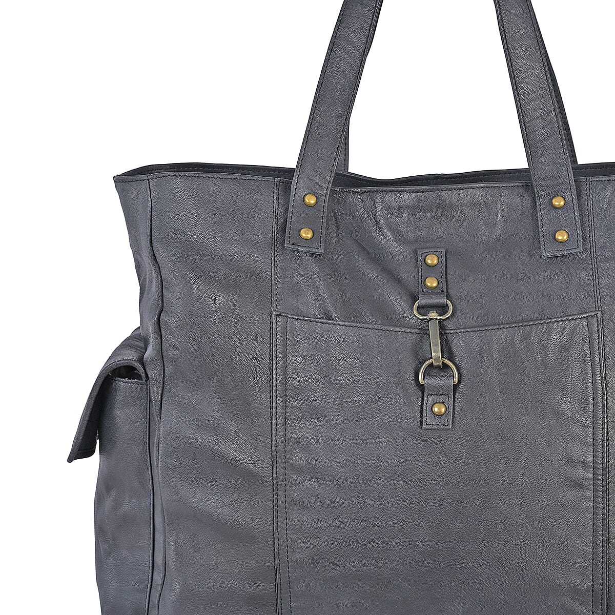 La Marey Black Genuine Leather Front Pocket Tote Bag image number 7