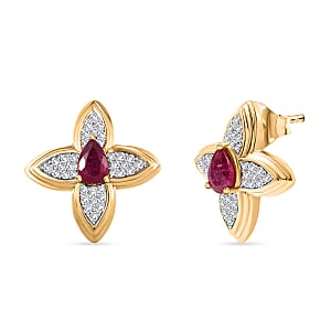 D'Joy African Ruby (FF) and White Zircon 1.80 ctw Earrings in 18K Vermeil Yellow Gold Over Sterling Silver