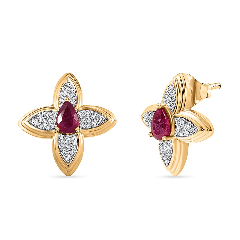 D'Joy African Ruby (FF) and White Zircon 1.80 ctw Earrings in 18K Vermeil Yellow Gold Over Sterling Silver