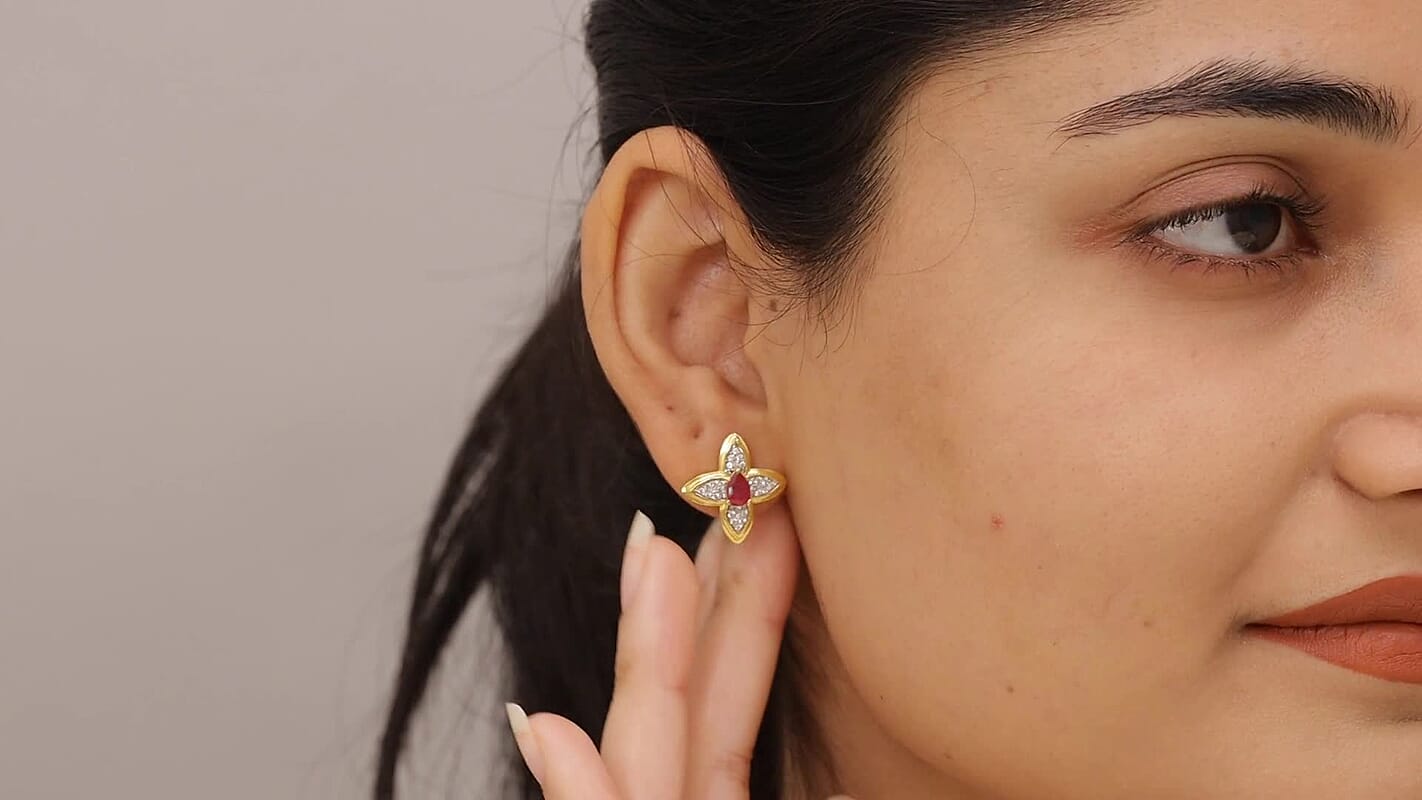 D'Joy African Ruby (FF) and White Zircon 1.80 ctw Earrings in 18K Vermeil Yellow Gold Over Sterling Silver