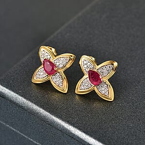 D'Joy African Ruby (FF) and White Zircon 1.80 ctw Earrings in 18K Vermeil Yellow Gold Over Sterling Silver