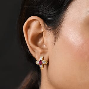 D'Joy African Ruby (FF) and White Zircon 1.80 ctw Earrings in 18K Vermeil Yellow Gold Over Sterling Silver