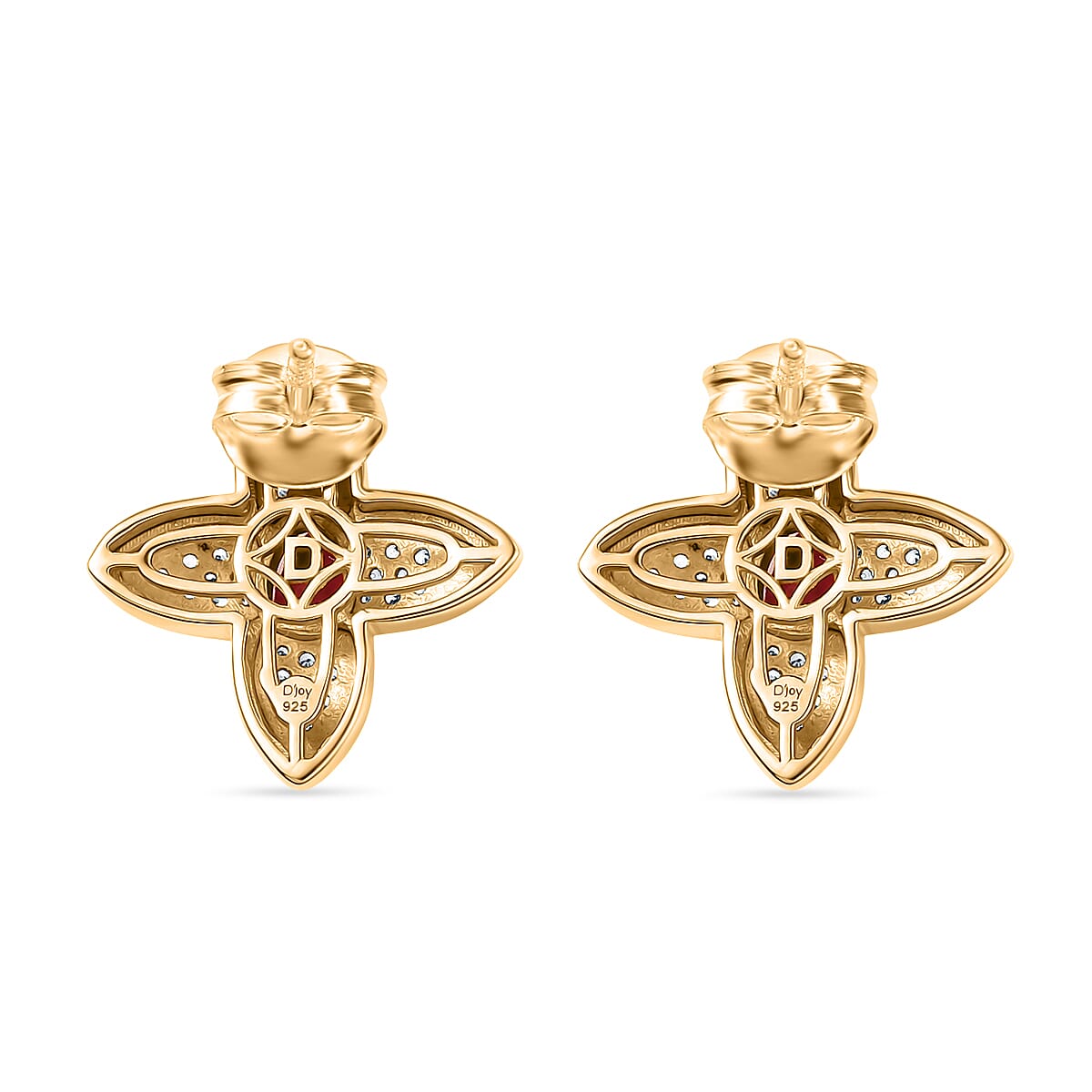 D'Joy African Ruby (FF) and White Zircon 1.80 ctw Earrings in 18K Vermeil Yellow Gold Over Sterling Silver