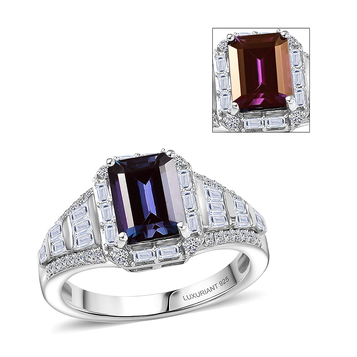 Luxuriant Premium Lab Grown Alexandrite and White Topaz 3.00 ctw Eclipse Empire Ring in Rhodium Over Sterling Silver (Size 7.0) image number 0
