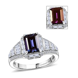 Luxuriant Premium Lab Grown Alexandrite and White Topaz 3.00 ctw Eclipse Empire Ring in Rhodium Over Sterling Silver (Size 7.0)