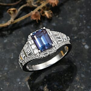 Luxuriant Premium Lab Grown Alexandrite and White Topaz 3.00 ctw Eclipse Empire Ring in Rhodium Over Sterling Silver (Size 7.0)
