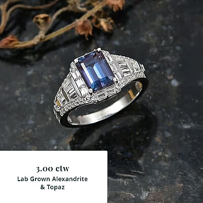 Luxuriant Premium Lab Grown Alexandrite and White Topaz 3.00 ctw Eclipse Empire Ring in Rhodium Over Sterling Silver (Size 7.0)