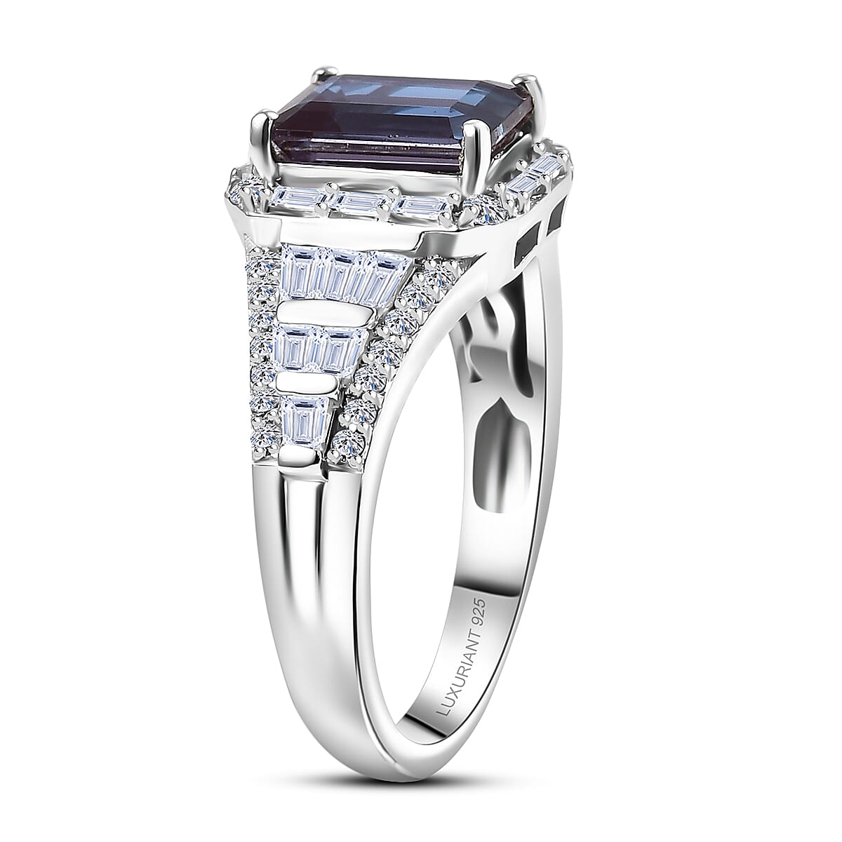 Luxuriant Premium Lab Grown Alexandrite and White Topaz 3.00 ctw Eclipse Empire Ring in Rhodium Over Sterling Silver (Size 7.0) image number 3
