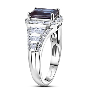 Luxuriant Premium Lab Grown Alexandrite and White Topaz 3.00 ctw Eclipse Empire Ring in Rhodium Over Sterling Silver (Size 7.0)