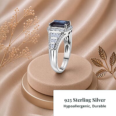 Luxuriant Premium Lab Grown Alexandrite and White Topaz 3.00 ctw Eclipse Empire Ring in Rhodium Over Sterling Silver (Size 9.0)