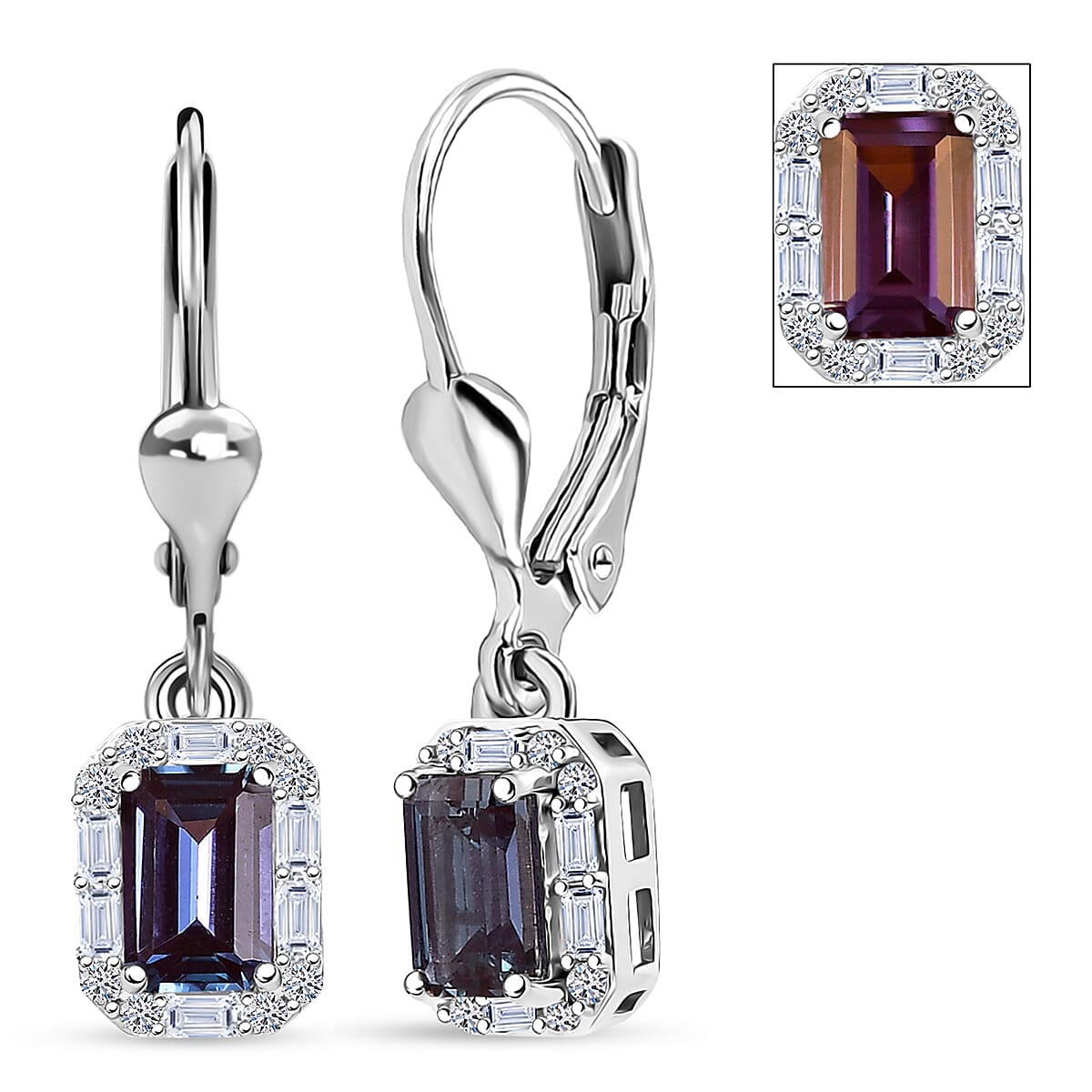 Luxuriant Premium Lab Grown Alexandrite and White Topaz 1.85 ctw Eclipse Empire Earrings in Rhodium Over Sterling Silver  image number 0