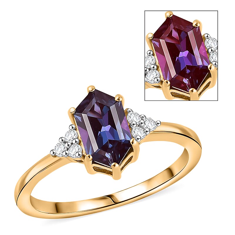 Luxuriant AAA Lab Grown Alexandrite and Lab Grown Diamond G-H SI 1.50 ctw Shadow Prism Ring in 18K Vermeil Yellow Gold Over Sterling Silver (Size 6.0)