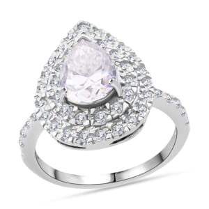 D'Joy Moissanite (Pear 10x7mm) Ring in Rhodium Over Sterling Silver (Size 11) 2.64 ctw