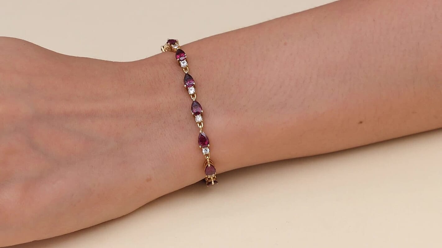 D'Joy Orissa Rhodolite Garnet, White Zircon Bracelet in 18K Vermeil YG Over Sterling Silver (7.00 In) 9.80 ctw