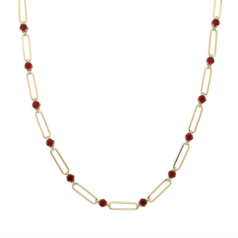 Ruby Color Austrian Crystal Paperclip Chain Necklace in Goldtone (20-22 Inches)