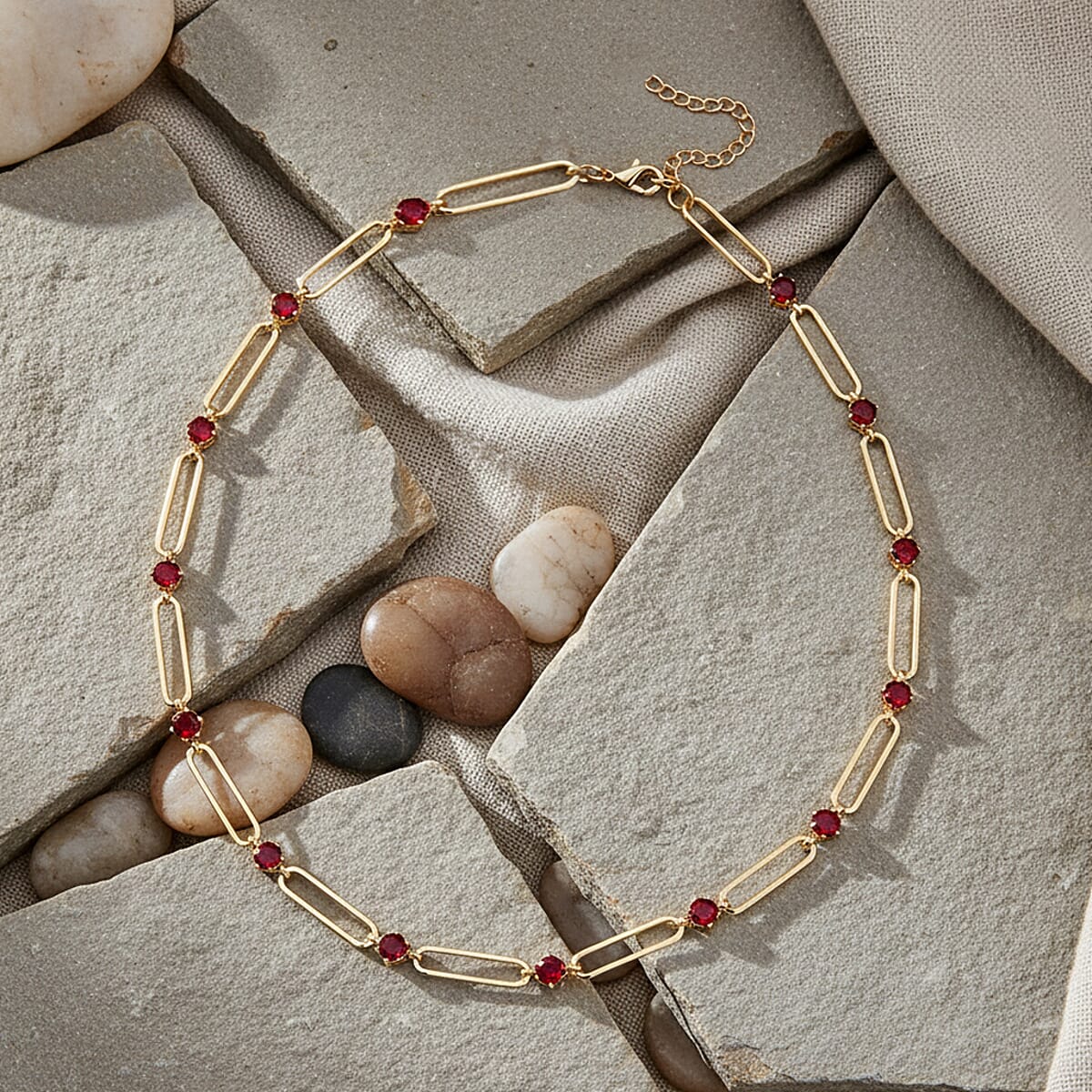 Doorbuster Ruby Color Austrian Crystal Paperclip Chain Necklace in Goldtone 20-22 Inches image number 1