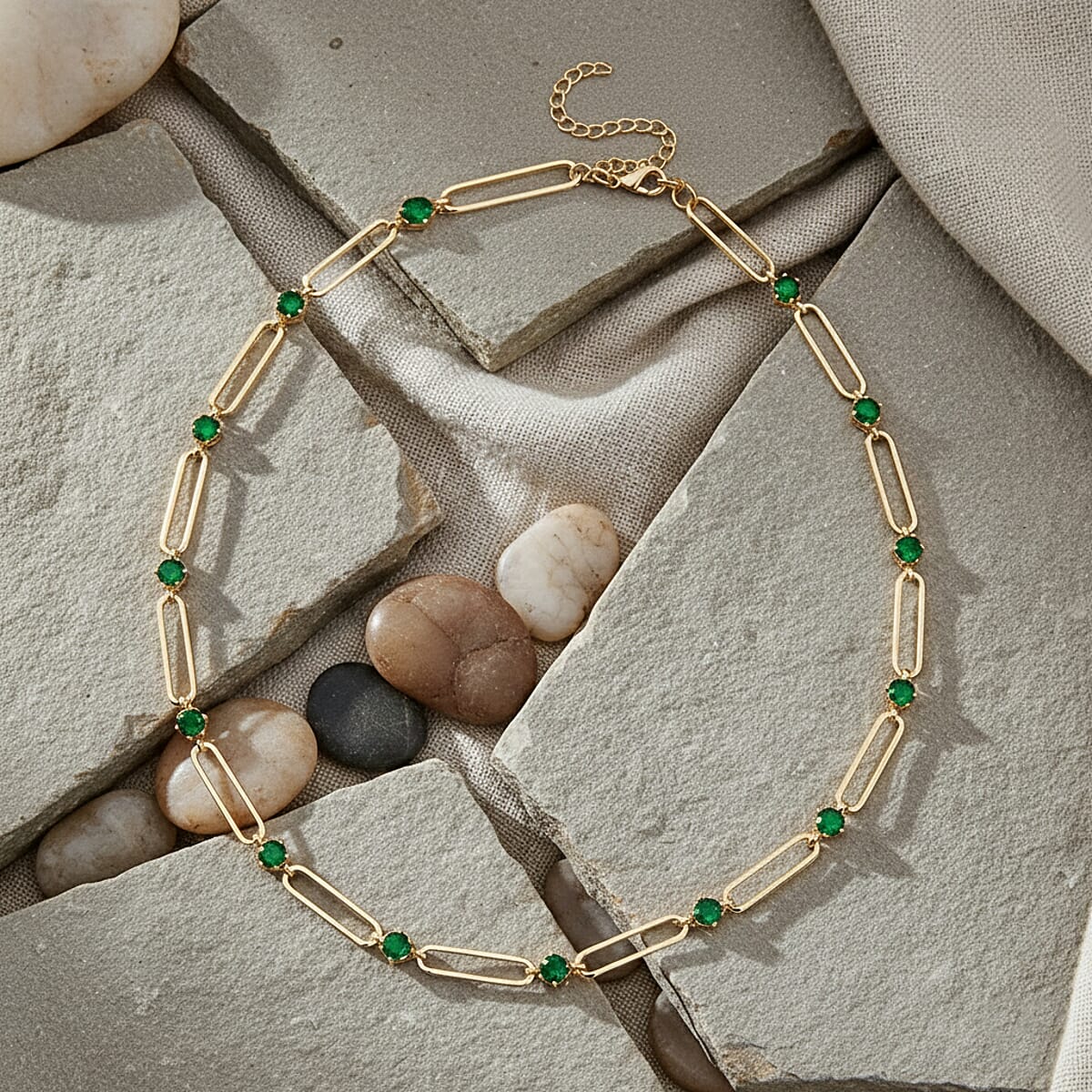 Doorbuster Green Austrian Crystal Paperclip Chain Necklace in Goldtone 20-22 Inches image number 1