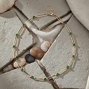 Green Austrian Crystal Paperclip Chain Necklace in Goldtone (20-22 Inches)