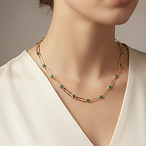 Green Austrian Crystal Paperclip Chain Necklace in Goldtone (20-22 Inches)