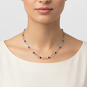 Blue Austrian Crystal Paperclip Chain Necklace in Silvertone (20-22 Inches)