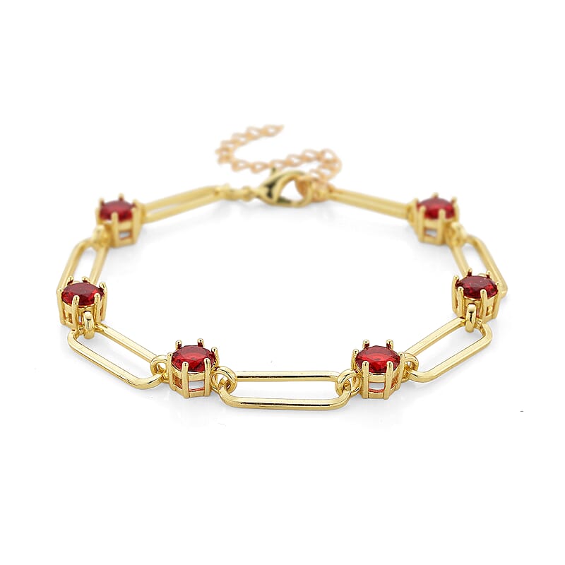 Ruby Color Austrian Crystal Paperclip Chain Bracelet in Goldtone (7.5-9.5 Inches)
