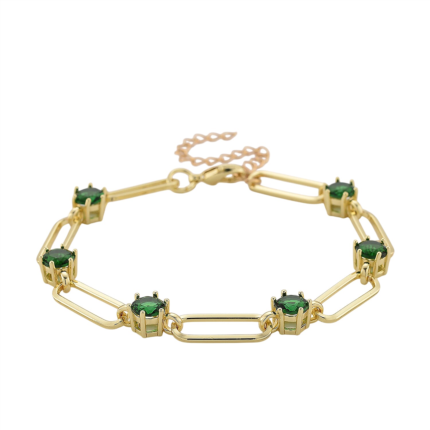 Green Austrian Crystal Paperclip Chain Bracelet in Goldtone (7.5-9.5 Inches)