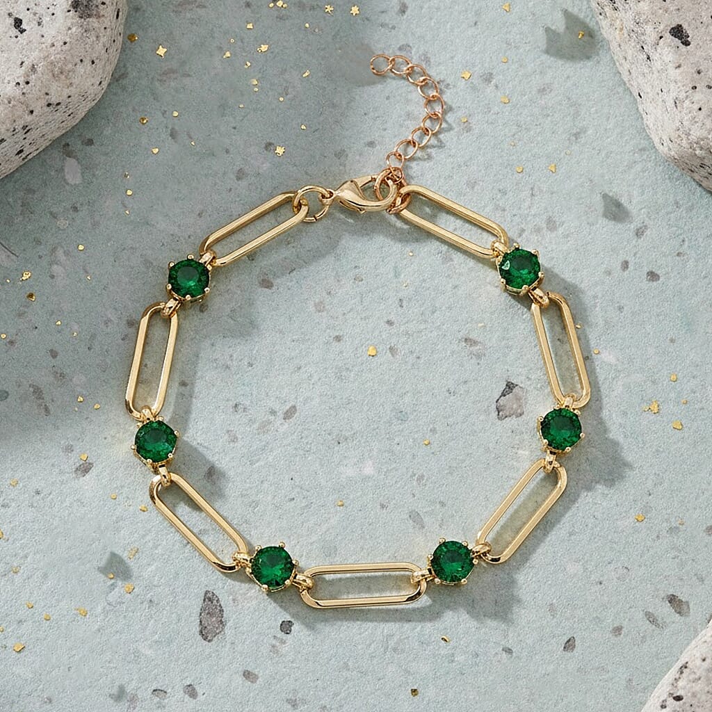 Green Austrian Crystal Paperclip Chain Bracelet in Goldtone (7.5-9.5 Inches)