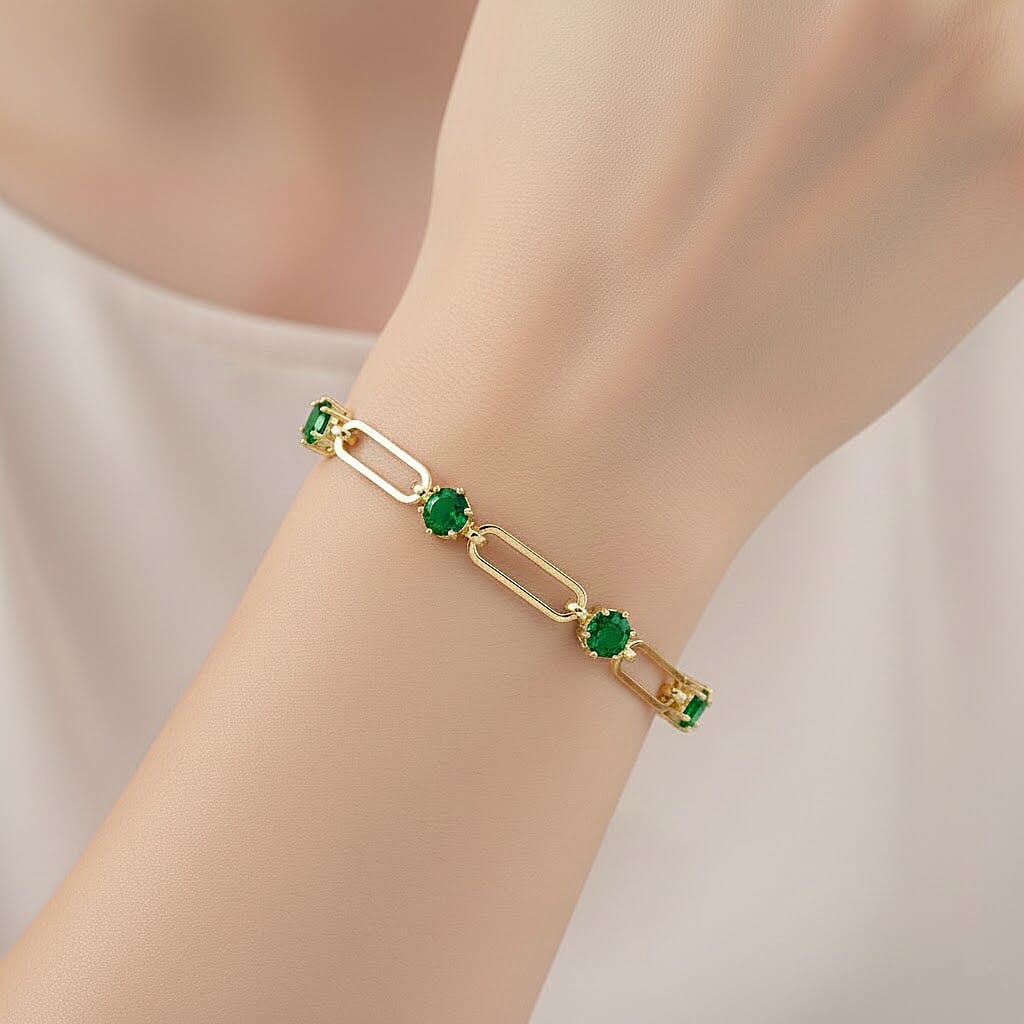 Green Austrian Crystal Paperclip Chain Bracelet in Goldtone (7.5-9.5 Inches)