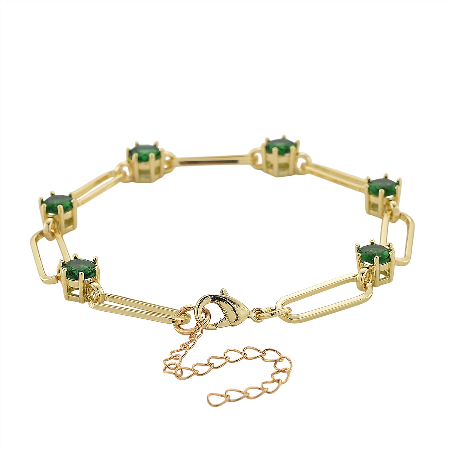 Green Austrian Crystal Paperclip Chain Bracelet in Goldtone (7.5-9.5 Inches)