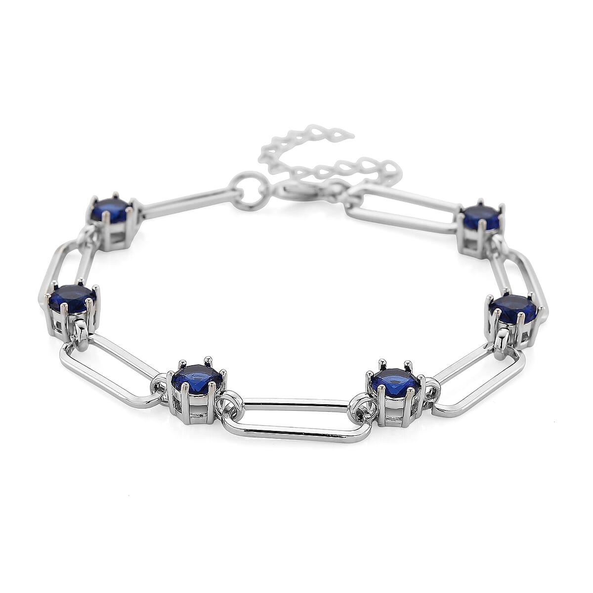 Doorbuster Blue Austrian Crystal Paperclip Chain Bracelet in Silvertone (7.5-9.5In) image number 0