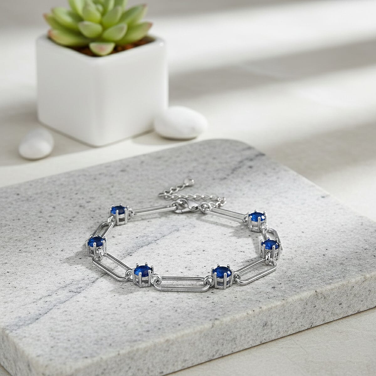 Doorbuster Blue Austrian Crystal Paperclip Chain Bracelet in Silvertone (7.5-9.5In) image number 1