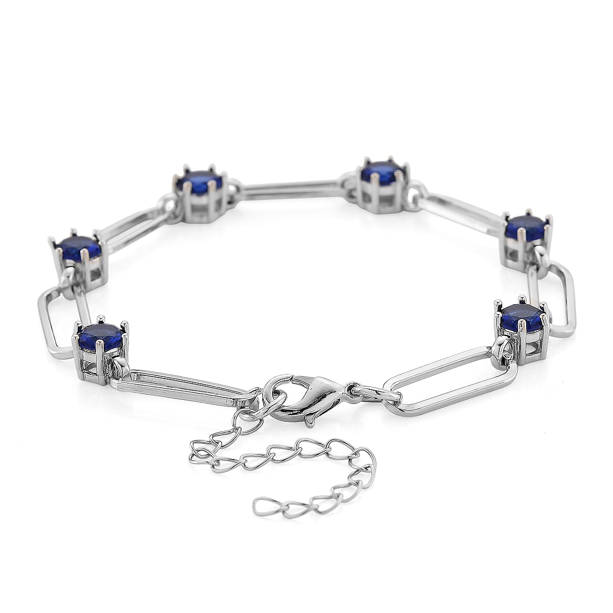 Doorbuster Blue Austrian Crystal Paperclip Chain Bracelet in Silvertone (7.5-9.5In) image number 3